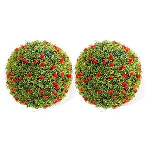 2-Piece 16in Realistic Look Artificial Boxwood Topiary Balls with Vibrant Faux Red Flowers - Artificial Flowers for Outside, Faux Greenery for Porch, Patio Decor - Indoor/Outdoor Hanging Plants, Home Decoration