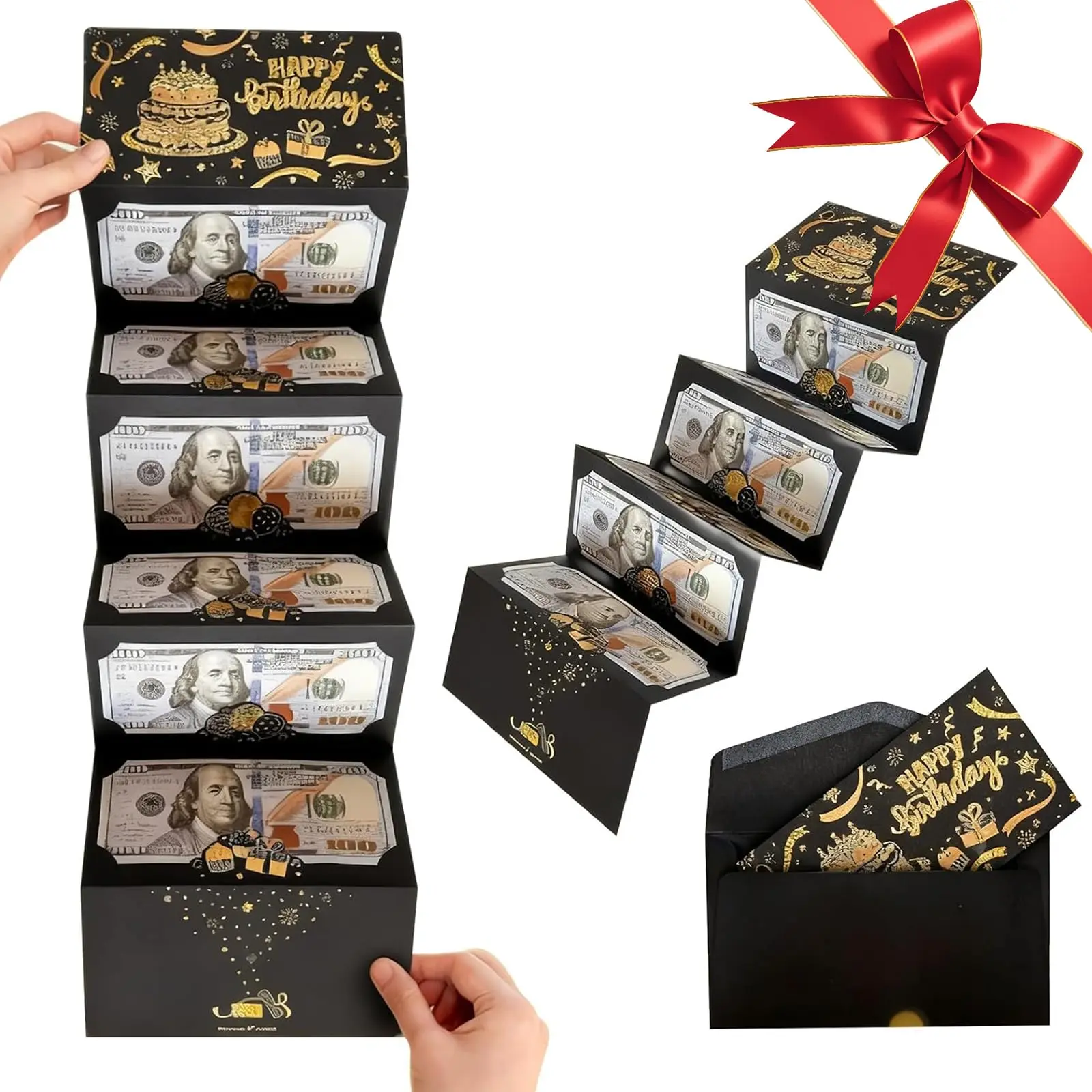 Birthday Money Envelope for Cash Gifts, Surprise Cash Envelope for Men Women Kids, Birthday Gift Card for Men Women Girls Boys, Black Gold Money Holder