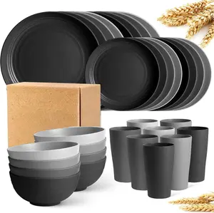 32PCS Wheat Straw Dinnerware Sets,Dishes Set Service for 8,Kitchen Plates and Bowls Set Unbreakable Modern Dish Set Plate/Dessert Plate/Cereal Bowl/Cup, Lightweight (Gradient black, 32pcs)
