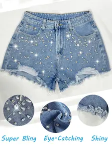 Y2K Shiny DIY Handmade Rhinestone Jeans Shorts for Women, Mid Waist Ripped Denim Shorts, Summer Street Casual Style Fashion Bottom Womenswear