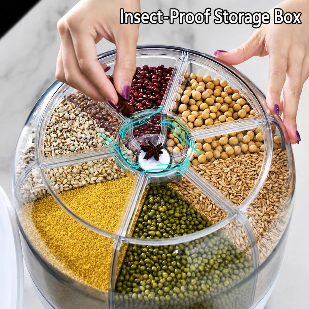 6-Grid 360° Rotating Airtight Grain Storage Container with Airtight Seal, Plastic Body, Round Shape & Transparent Grids, Moisture-Insect Proof Press-Type Dry Food Jar for Kitchen Pantry Organization Utensils