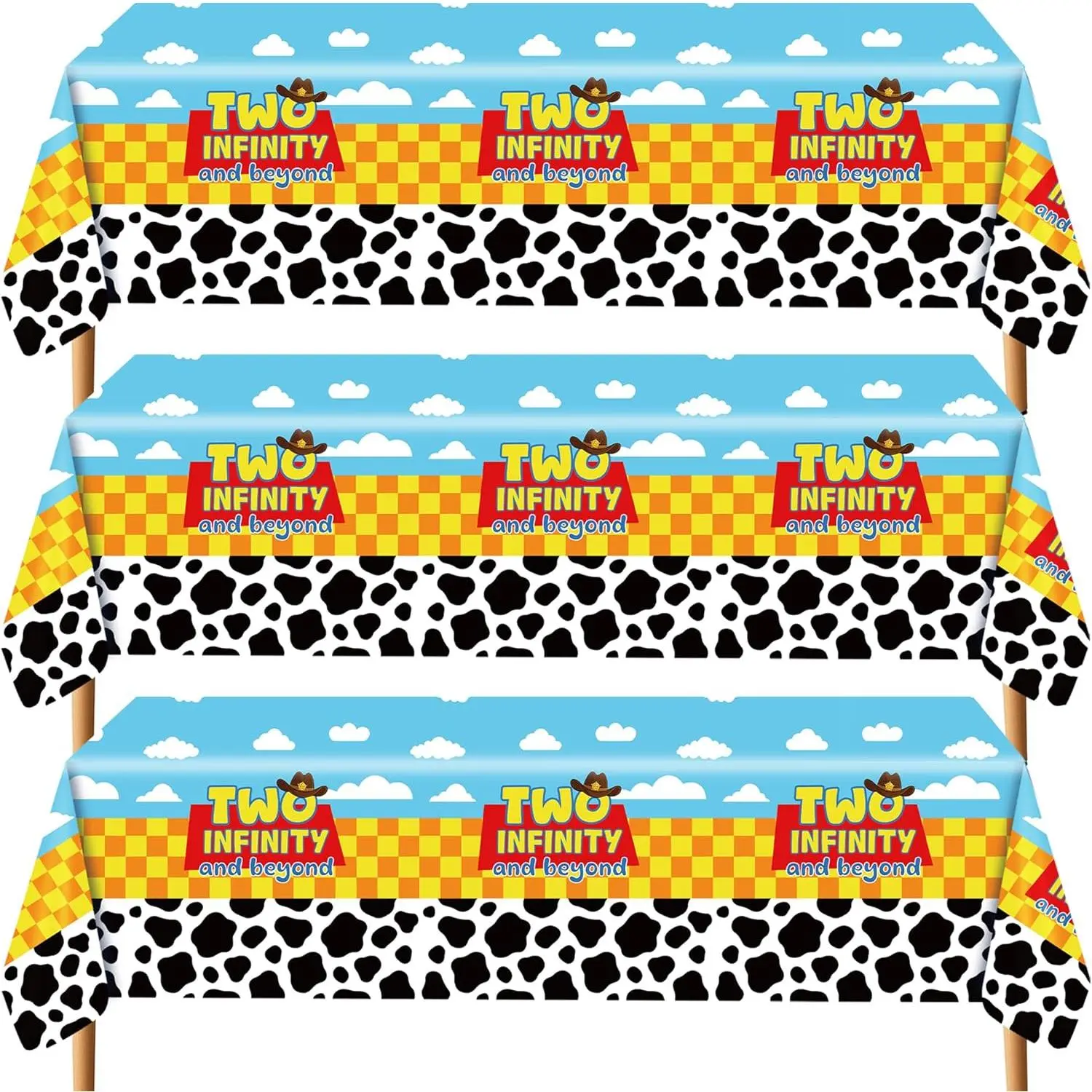 3-Pack Waterproof Oblong Cow Print Tablecover Set, "2 Infinity and Beyond" Cartoon Story Themed, Blue Sky White Cloud Design, Blue Yellow Birthday Party Decoration Supplies