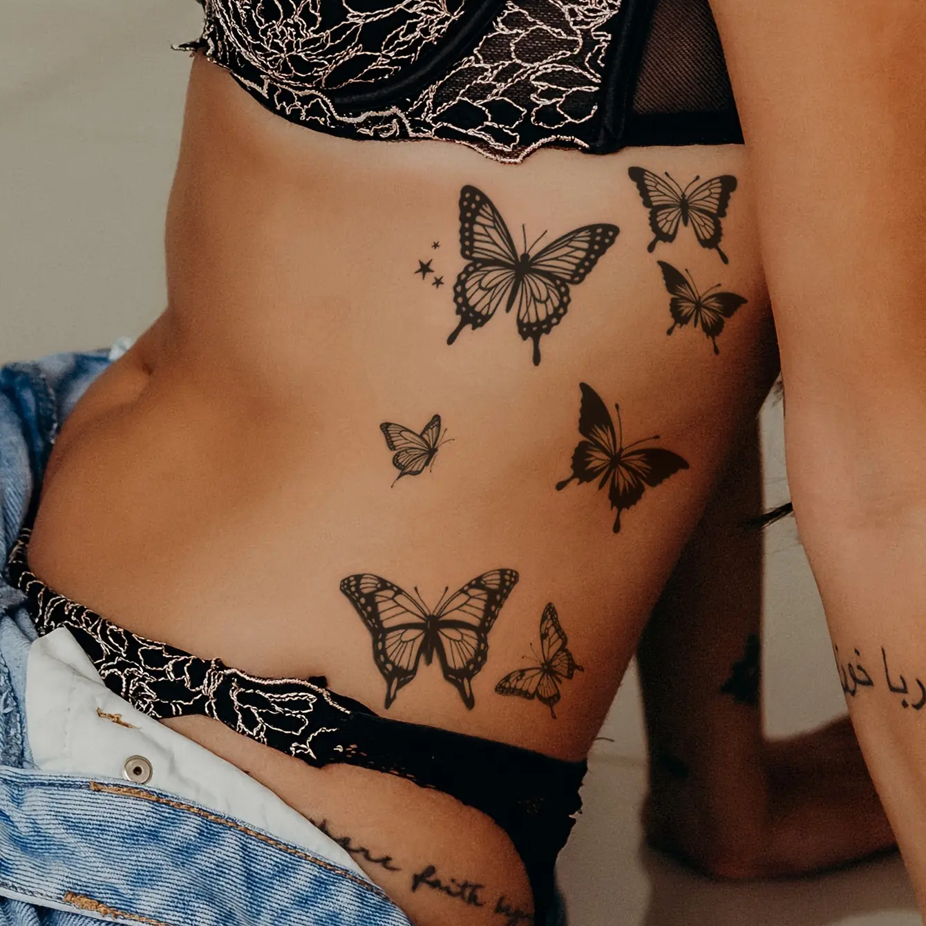 4Pcs Black Butterfly Heartbeat Small Temporary Sticker Tattoos, for Finger, Ear Back, Wrist Body Art