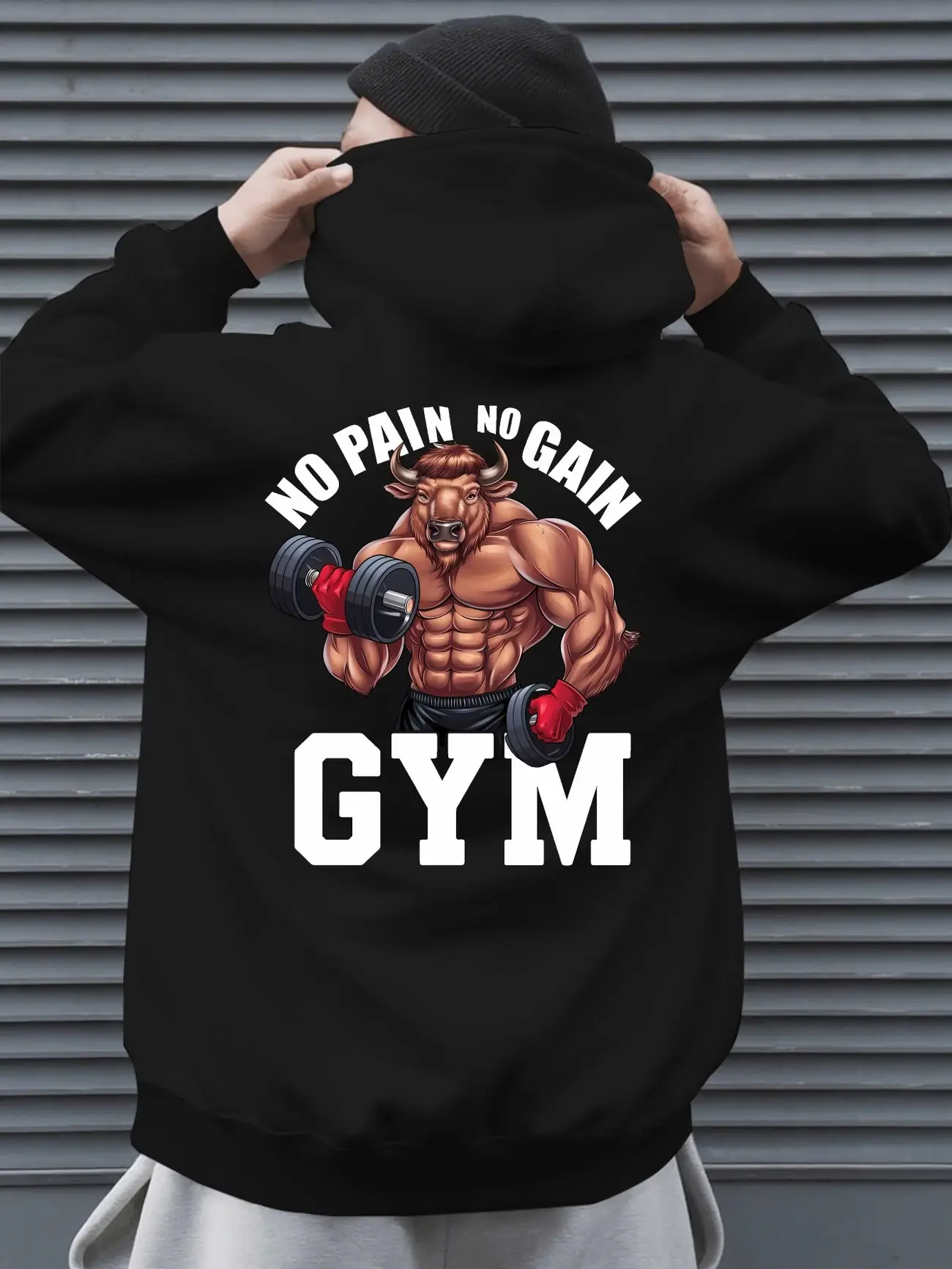 Men Women Quick-Drying Polyester Back Print Gym Bull Dumbbell Workout Hoodie for Men No Pain No Gain Quote Print Hooded Sweatshirt Fitness Training Street Pullover
