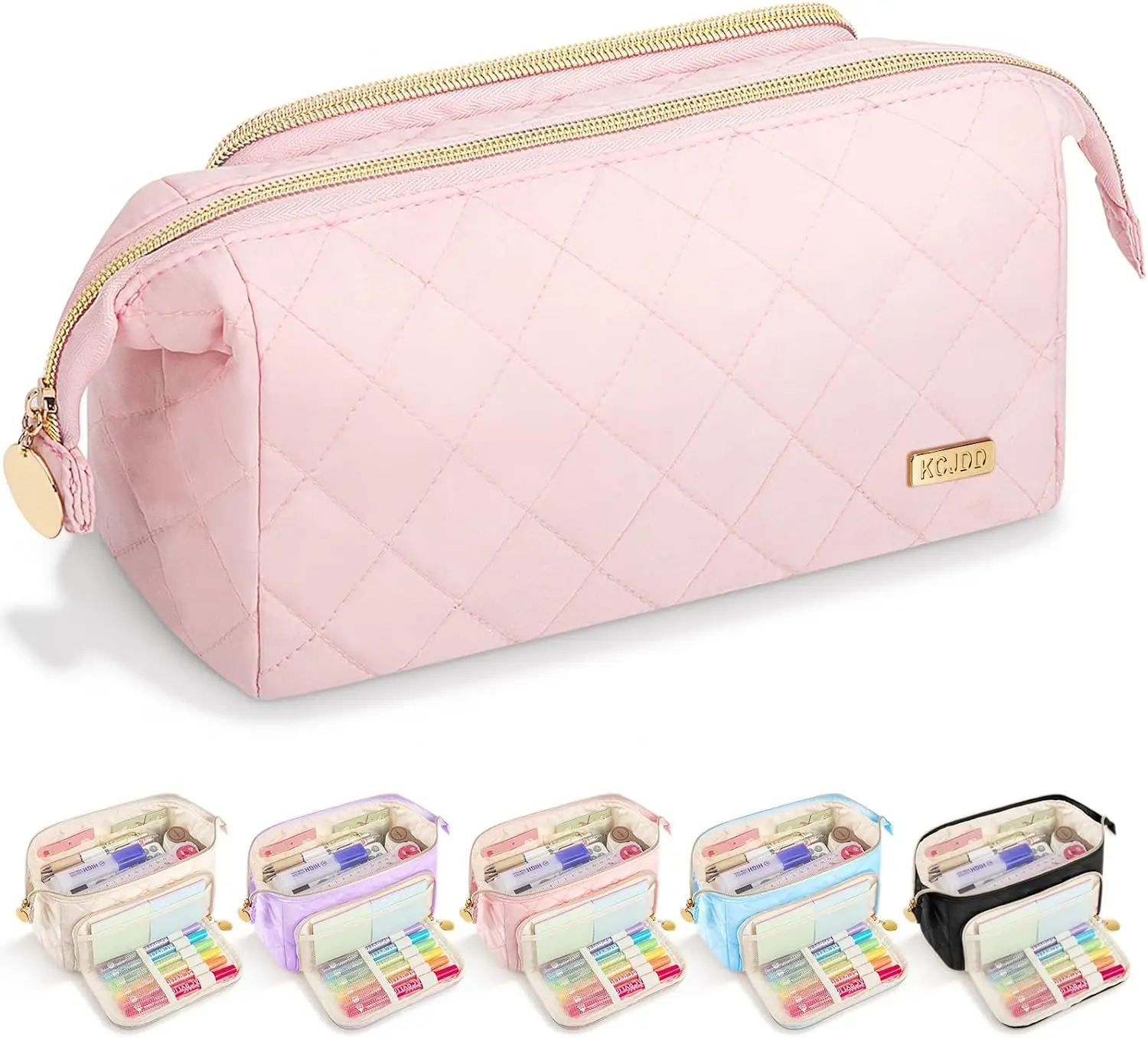 Large Pencil Case Wide Opening for School Supplies, Soft Quilted Pencil Pouch Organizer with Zipper, Cute Aesthetic Pen Bag for Teen Girls, Boys & Women(Pink) Kcjdd