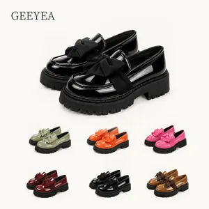 GEEYEA Chunky Platform Loafers for Women, Round Toe Slip-On Lug Sole Shoes with Satin-Like Bow for School, Commute and Weekend Outfits