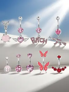 Women's Artificial Zircon Belly Button Ring Set, Heart Butterfly Design, Fashionable Body Jewelry Navel Piercing Jewelry for Women