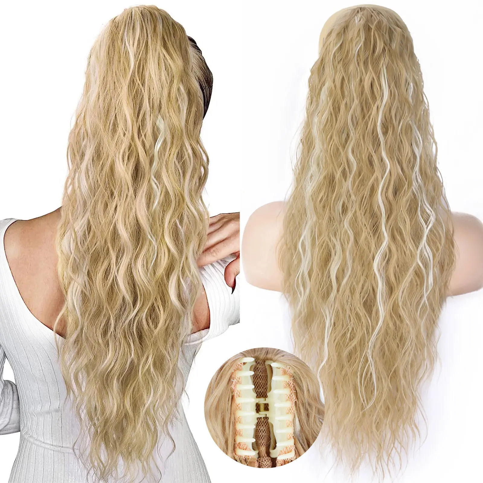AISI HAIR 30-in Claw Clip Hair Extensions - Glueless Synthetic Extensions & Pieces, Long Wavy Heat-Resistant Soft Hairpieces, Faux Locs Braids Frontal for Women, Blonde Bright Styles for Ponytail Hairstyles & Frontal Ponytail Looks, Blonde Hair Transforma