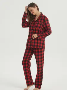 Womens Pyjamas Set Checked Flannel Lounge Wear Sets Long Sleeve Tops & PJs Bottoms Pyjamas for Women Ultra Soft Nightwear