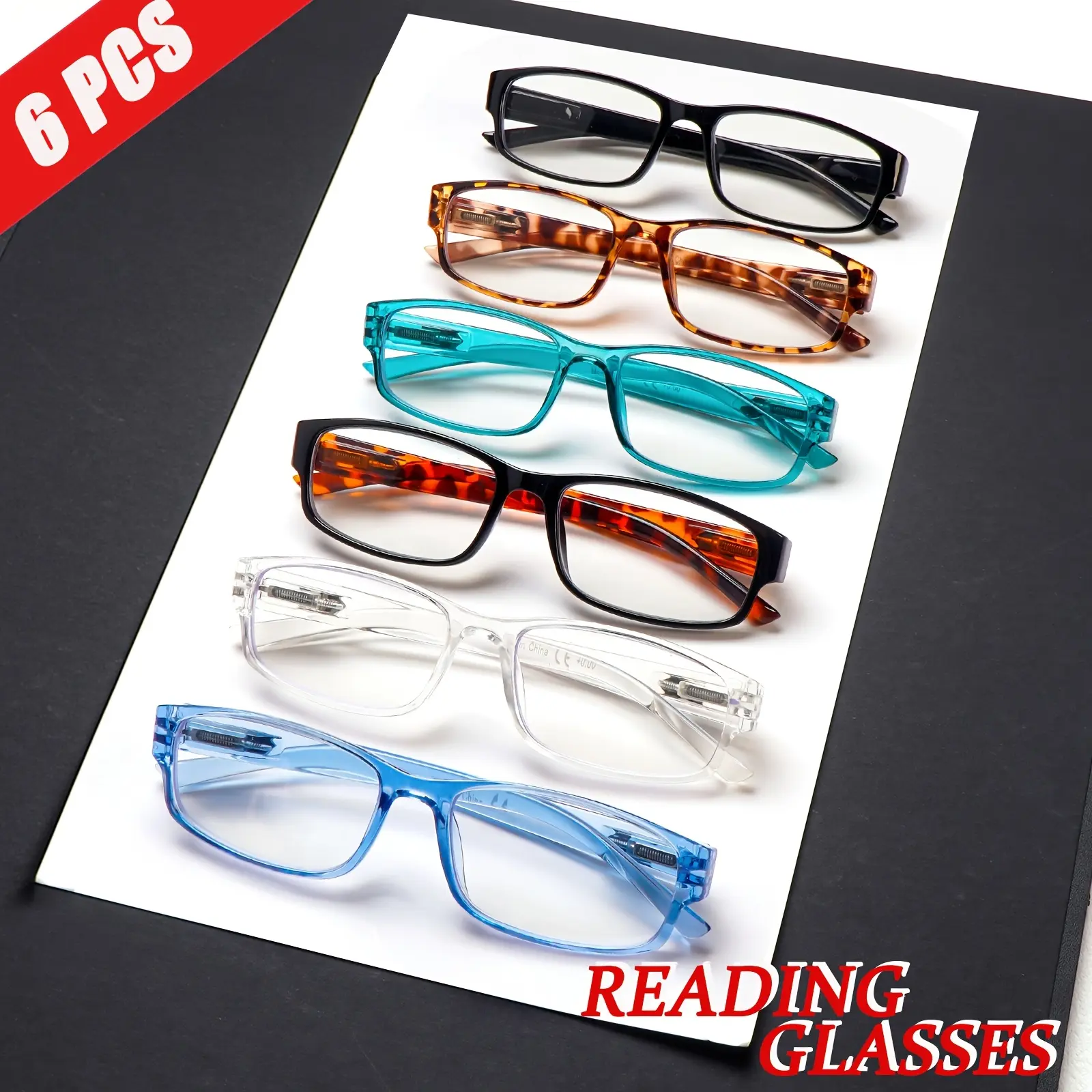6 Pairs Fashion Square Reading Glasses Mixed Multi Color Design For Men Women Blue Light Blocking Lightweight Casual Eyewear Unisex Rectangle Frame Eyeglasses, Durable, Daily Wear