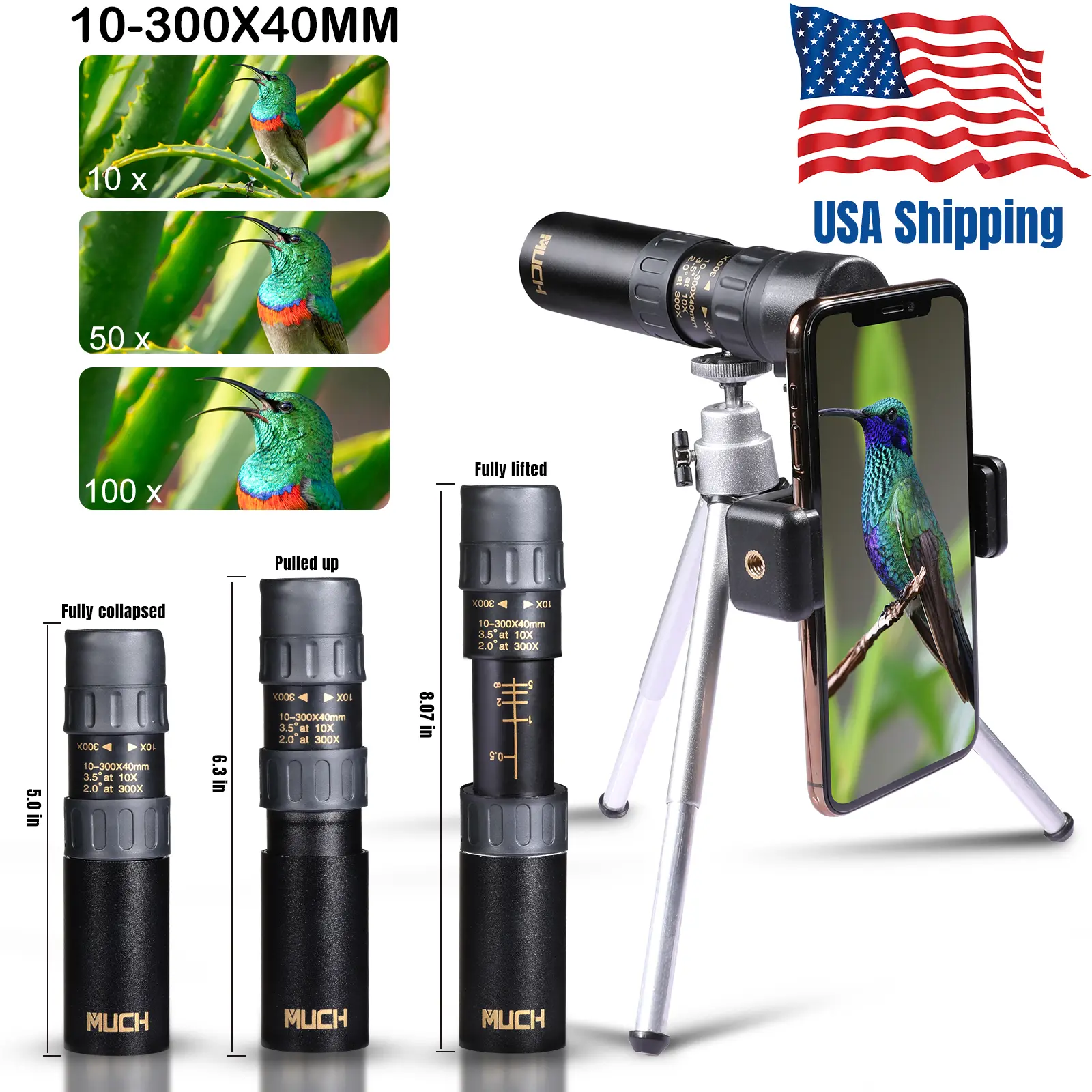 4K 10-300X40mm Stretch Zoom Telephoto Monocular Telescope,BK4 Prism Full Multi-Coated Lens Waterproof Pocket Portable Scope for Bird Watching Hunting Camping Concert Wildlife Golf Outdoor Travel Surveillance