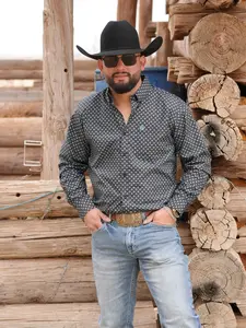 BLACK & BLUE GEOMETRIC DIAMOND BUTTON UP - 199