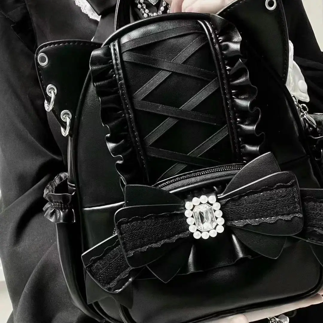 Korean Fashion Y2k Punk Backpack Lace Bow Cat Ear Lotus Lace Decoration Lolita Backbag PU Leather Large Capacity Women Backpack