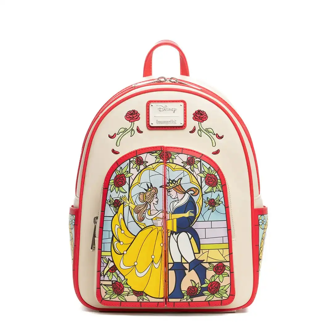 Youth Casual Mini Backpack, Disney's Beauty and the Beast Belle Faux Leather Bag with Stained Glass Roses & Fold-Out Panels - 707 Street Exclusive, Collectibles, Belle And The Beast, Flowers, Loungefly, Cartoon Art, Everyday Carry, Unisex, Cartoon Charact