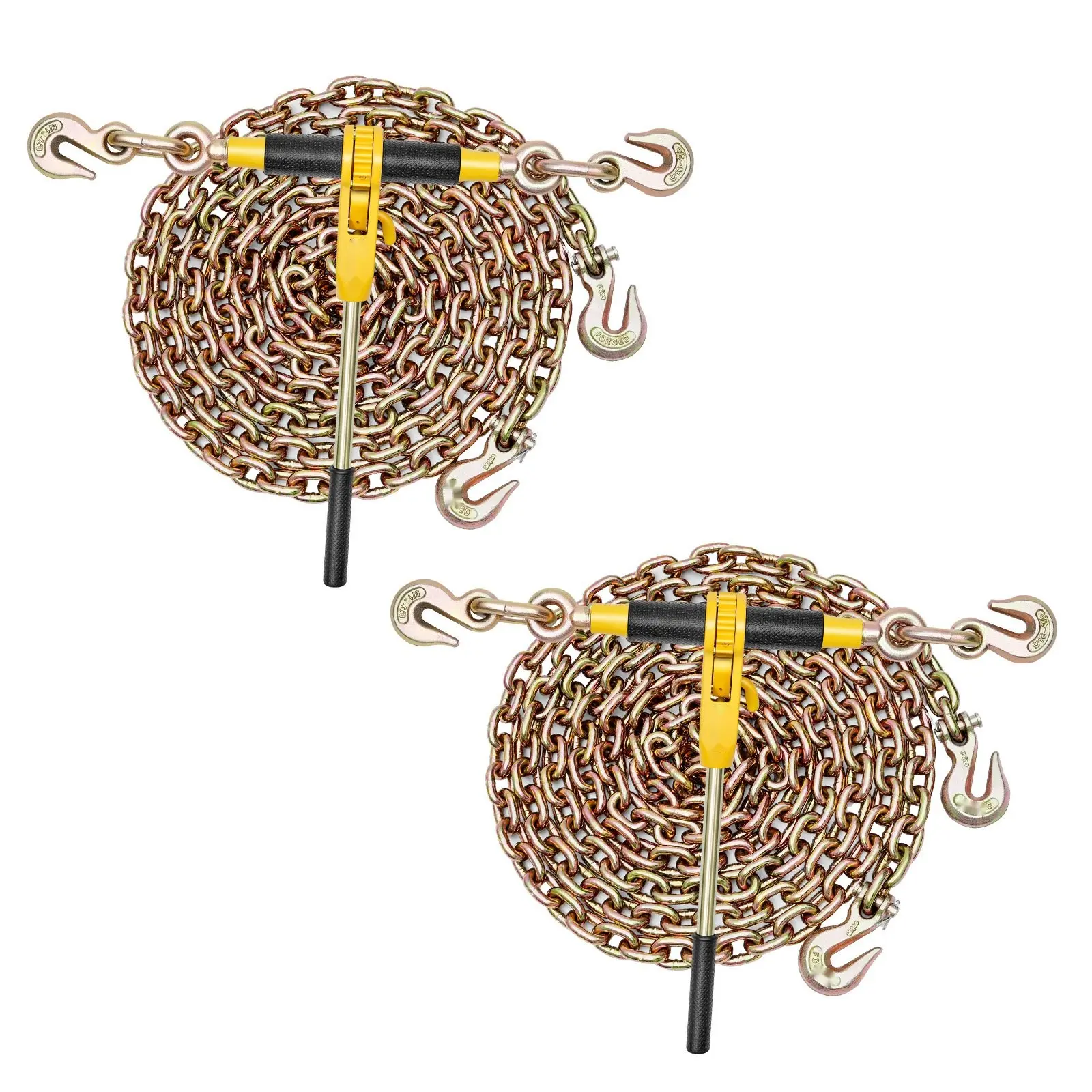 Ratchet Chain Binder Set, 5/16 In x 12.8 Ft, G80 Chains, 8000 Lbs Working Load Limit, Chains And Binders For Tie-Down, Hauling, Towing, And Logging, Heavy Duty, 2 Sets, Ideal For Trucks, Trailers, And Industrial Use