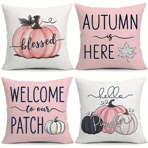 4pcs-Welcome to Our Patch Throw Pillow Covers Pink Black And White Pumpkin Eucalyptus Leaves Cushion Case Fall Thanksgiving Day Farmhouse Decorations for Sofa Couch Livingroom, Single-sided Printing Without Pillow Core