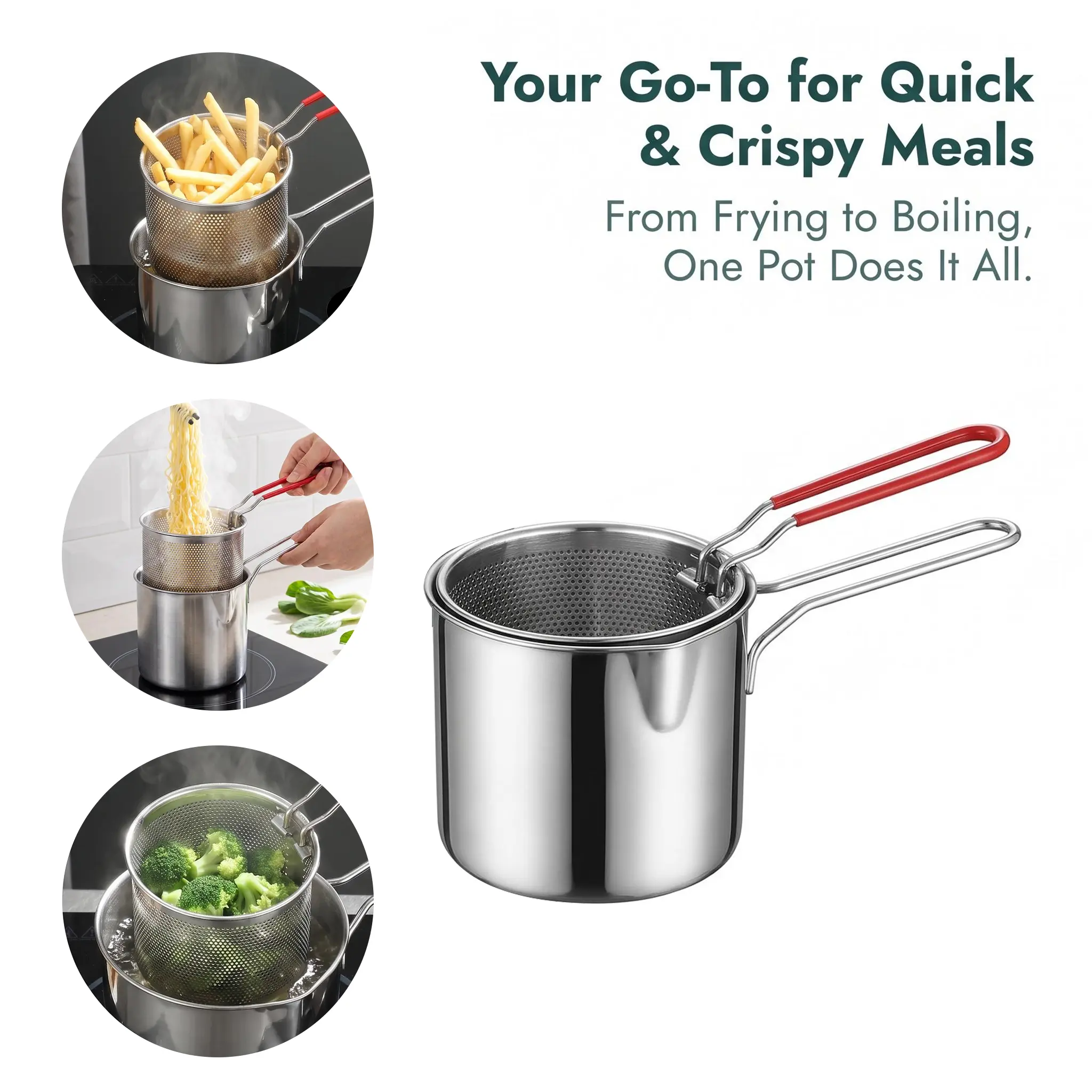 304 Stainless Steel Deep Frying Pot with Mesh Strainer Basket, Long Heat-Resistant Handle – Small Kitchen Cookware for Home Cooking