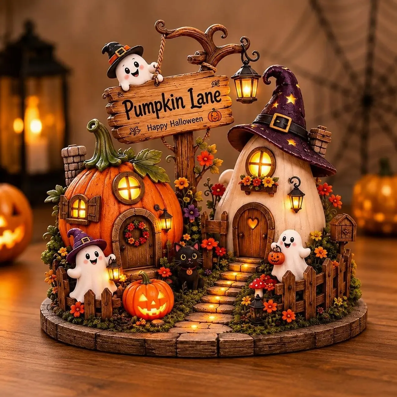 Halloween Wooden Block Village, Pumpkin Lane Decor, Ghost Pumpkin Witch House Shelf Decor, Spooky Fall Table Centerpiece