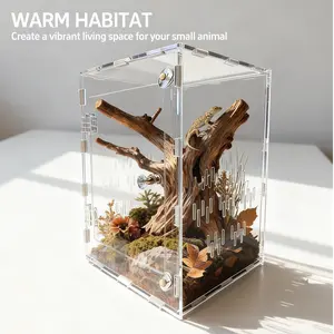 Acrylic reptile enclosure, jumping spider enclosure, wolf spider habitat, escape-proof, ventilated, 360° transparent, scratch-resistant, pre-assembled, waterproof, suitable for mantises, frogs, lizards, geckos, scorpions, snails, and other tardigrades.