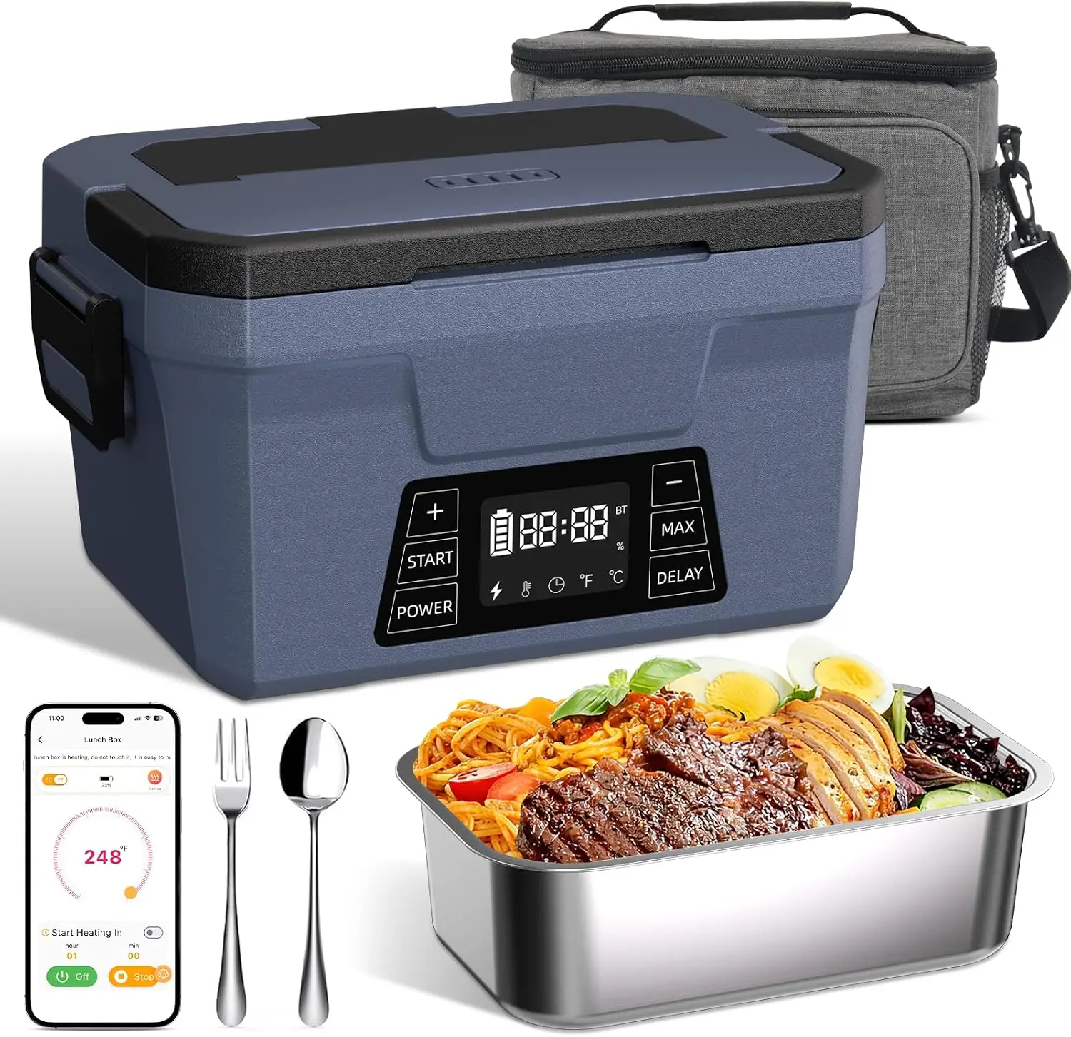 Cordless APP-Controlled Heated Lunch Box with Timer for Adults Battery Powered Self-Heating Food Warmer for Work Travel and Outdoor Perfect Christmas Gift for Dad Husband Men