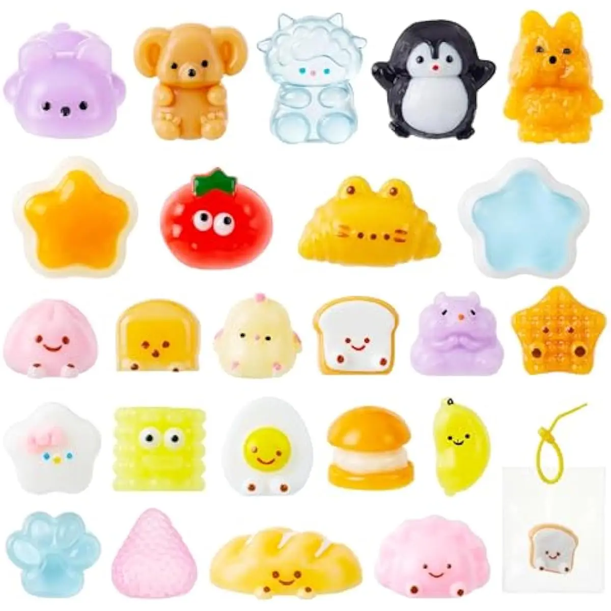 24 Pcs Kawaii Taba Squishy Toy Keychains, Assorted Animal & Food Squishy Toy, Individually Wrapped TPR Fidget Toys for Kids Party Favors, Classroom Treasure Box Prizes