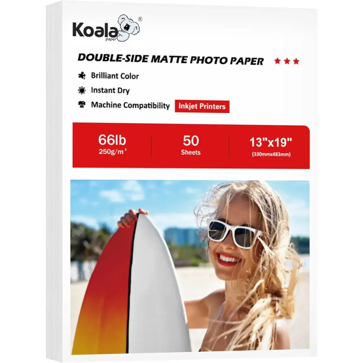 Koala Double-Sided Matte Thick Photo Paper - Heavyweight 250gsm 13x19 in Cardstock Paper, 50 Sheets, Inkjet Printer & Dye Ink Compatible, Ideal for Detailed Graphics, Family Photo Albums