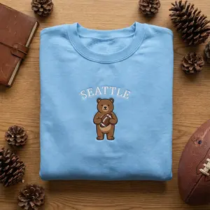 Seattle Bear Embroidered Sweatshirt, Cute Animal Football Hoodie, City Pride Pullover, PNW Fan Gift Crewneck, Grizzly Bear