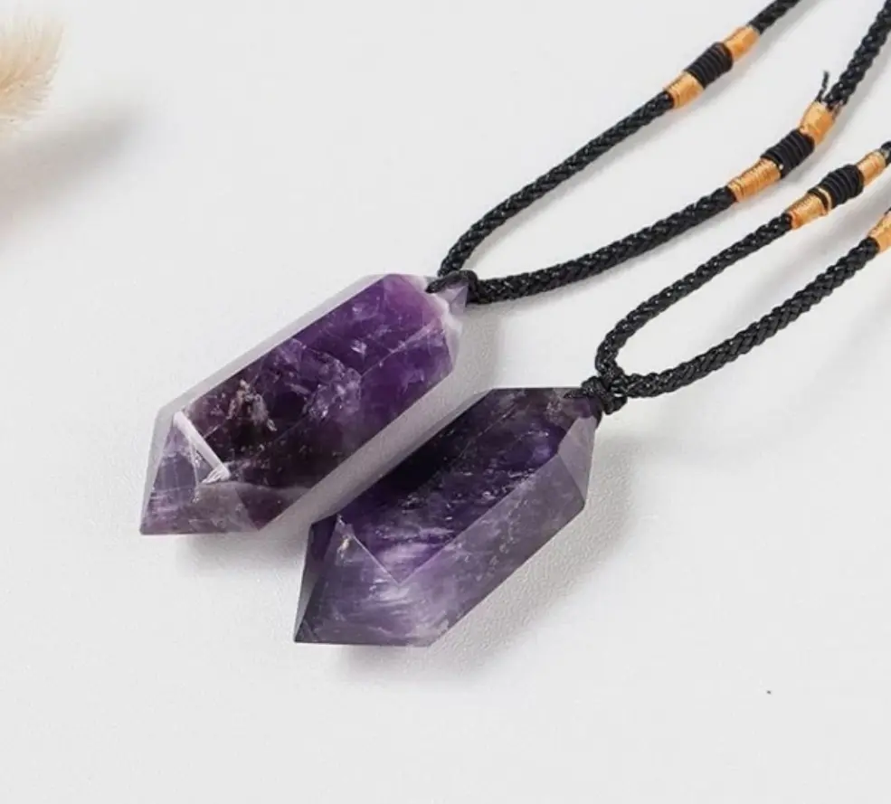 Natural Chevron Amethyst Stone Pendant Necklace, Purple Gemstone Jewelry Gift for Men and Women