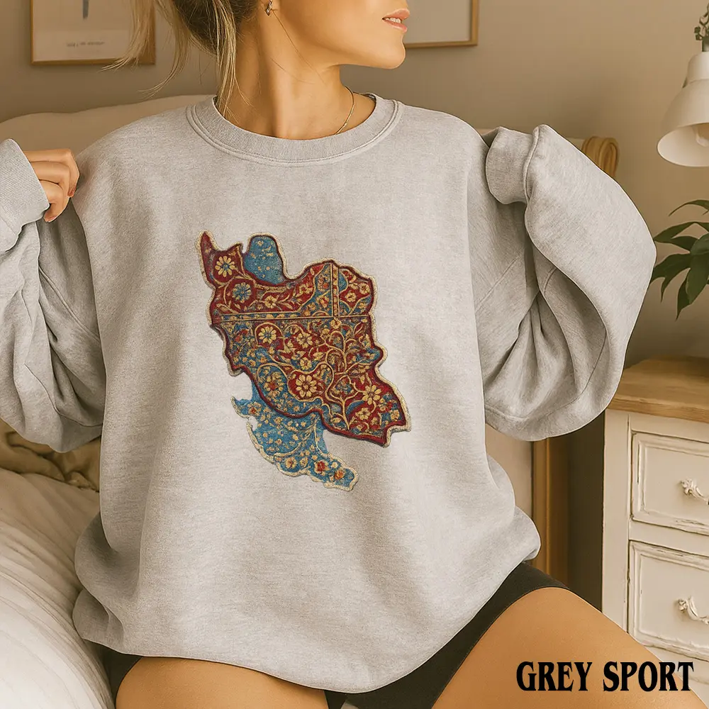 Gildan Sweatshirt 18000 Persian Paisley Map | Iran Map Phoenix Back S1 Crew Neck Sweatshirt, Casual, Long Sleeve, Fabric, Everyday, Graphic, Print, Ribbed, Soft