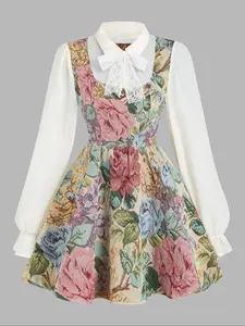 Women's Renaissance Style Fashion Chic Elegant Vintage Floral Print Collared Long Sleeve Two-In-One Dress, Casual Slim-Fitting Knee Length, Fall & Winter, Womenswear