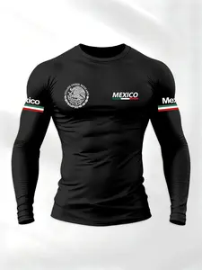 Men's Sporty Round Neck Long Sleeve T-Shirt, Fashion Mexican Eagle Print, Comfortable Casual Wear for Spring & Fall, Versatile Wear, Athletic Fashion Activewear, Athletic Apparel, Active T Shirts