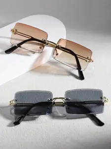 Unisex Retro Business Style Metal Frame Sunglasses, Long Rectangle Fashion Shades, Colorful Lenses for Daily Use & Outdoor Activities, Square Frame Sunglasses