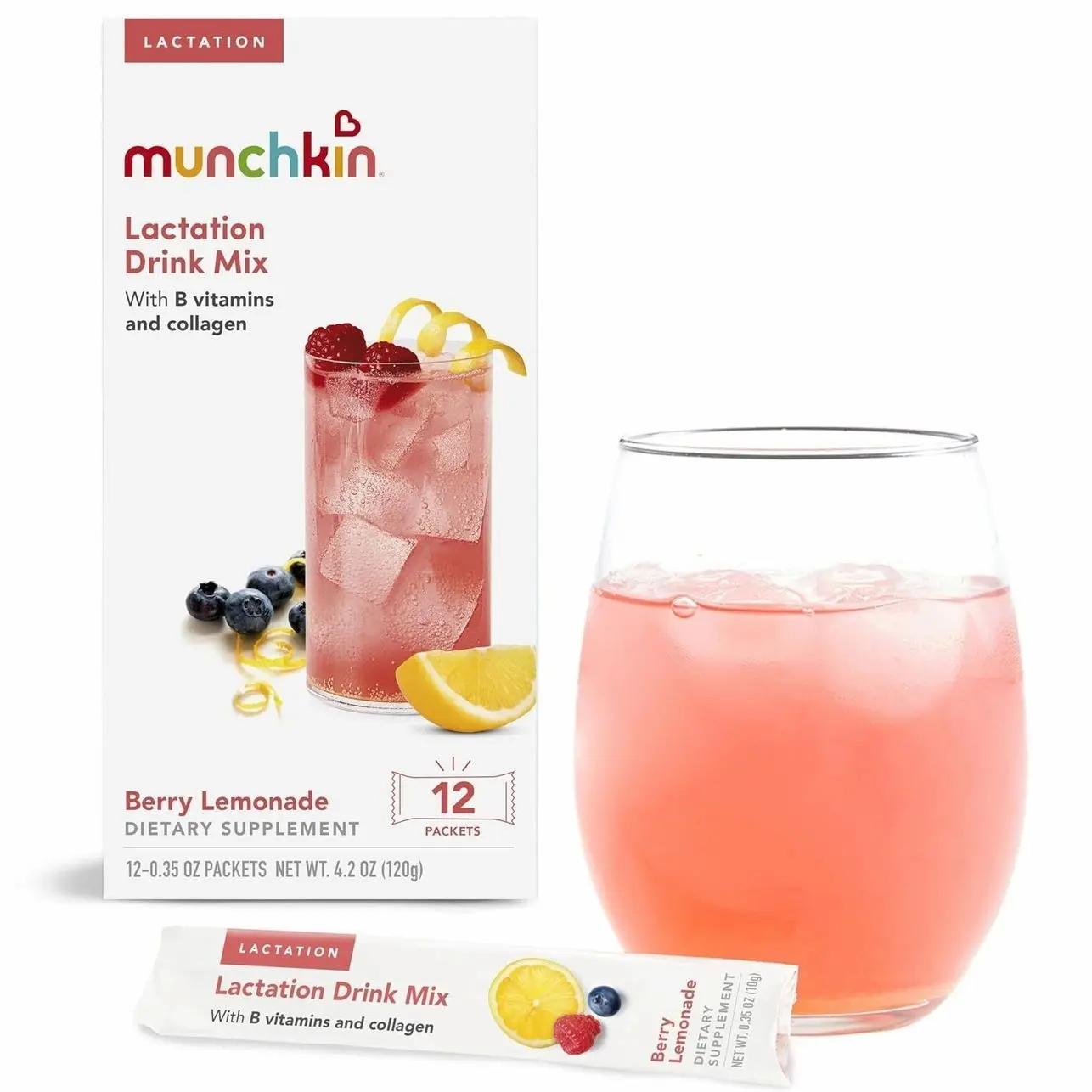 Munchkin Milkmakers Lactation Drink Mix Supplement with B Vitamins/Collagen/Fenugreek & Milk Thistle for Breastfeeding Moms, Berry Lemonade, 12 Count