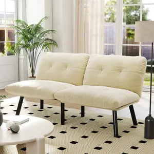 Velvet Fabric Futon Sleeper Sofa Bed, Adjustable Backrest, Thick Cushion Loveseat for Living Room, Lounge (Cream)