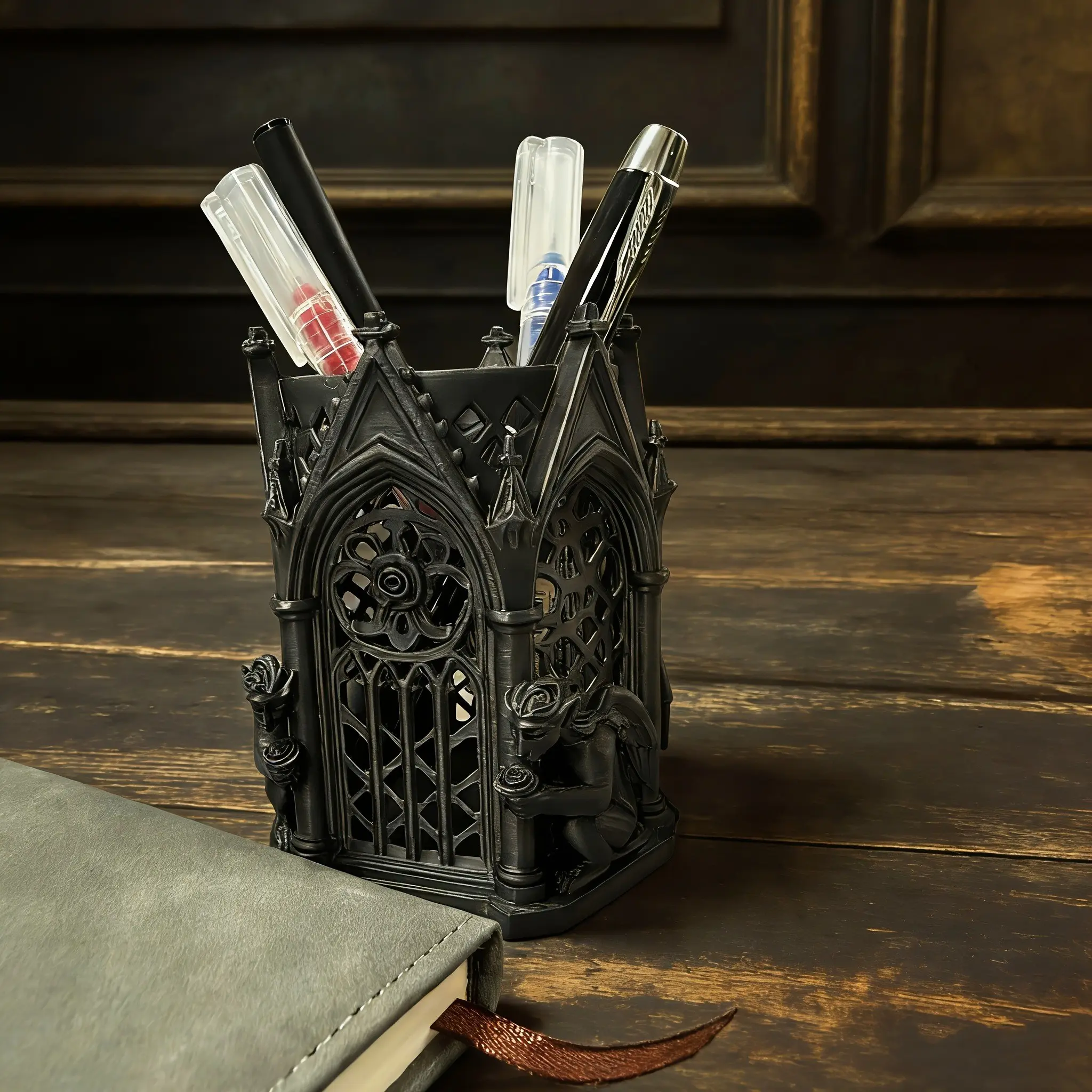 Gothic Pen Holder, Pen Organizer for Desk, 3D Printed Geometric Cut Design, Modern Minimalist Desk Stationery Storage, Creative Office Desk Decor, Multi-Functional Pencil Knife Ruler Organizer, Office Stationery Supplies, Desk Organizers, Penholder
