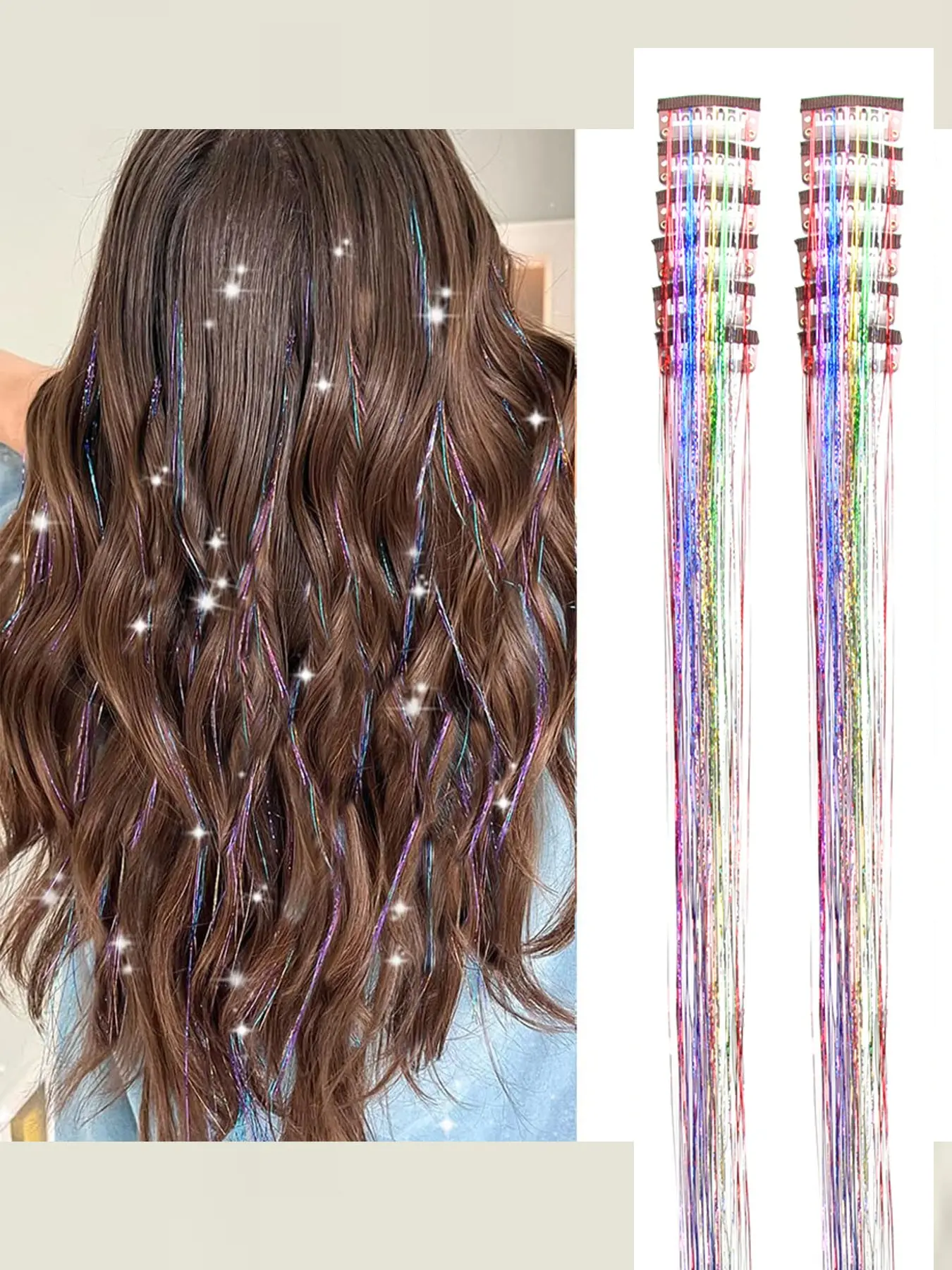 Hair Tinsel Pack of 12 Pcs, Colorful Glitter Hair Accessories, 20 Inch Clip-In Synthetic Hair Piece Hair Tinsel Extensions, Fairy Hair Accessories, Party Kit for Women & Girls, Synthetic Clip Hairpiece, Synthetic Hairpieces
