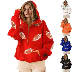 SCUSTY Womens Game Day Sweatshirts Football Sequin Hoodies Tailgate Outfits Long Sleeve Zipper Sweaters with Pocket