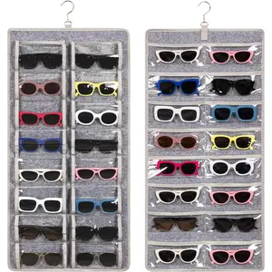 Dual Sided Sunglasses Storage organizer case, Eyeglasses Holder Wall Mounted with 32 Clear Slots & Metal Hook, Dust Proof Sunglasses Storage Case