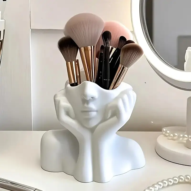 Face-Shaped Makeup Brush Holder - White Vanity Organizer, Cosmetic Organizers, Cosmetic Organiser, Beauty Supplies Organizer with Eyebrow Pencil Slots, Portable & No Assembly Needed for Desk/Bathroom, Cosmetics Storage Box