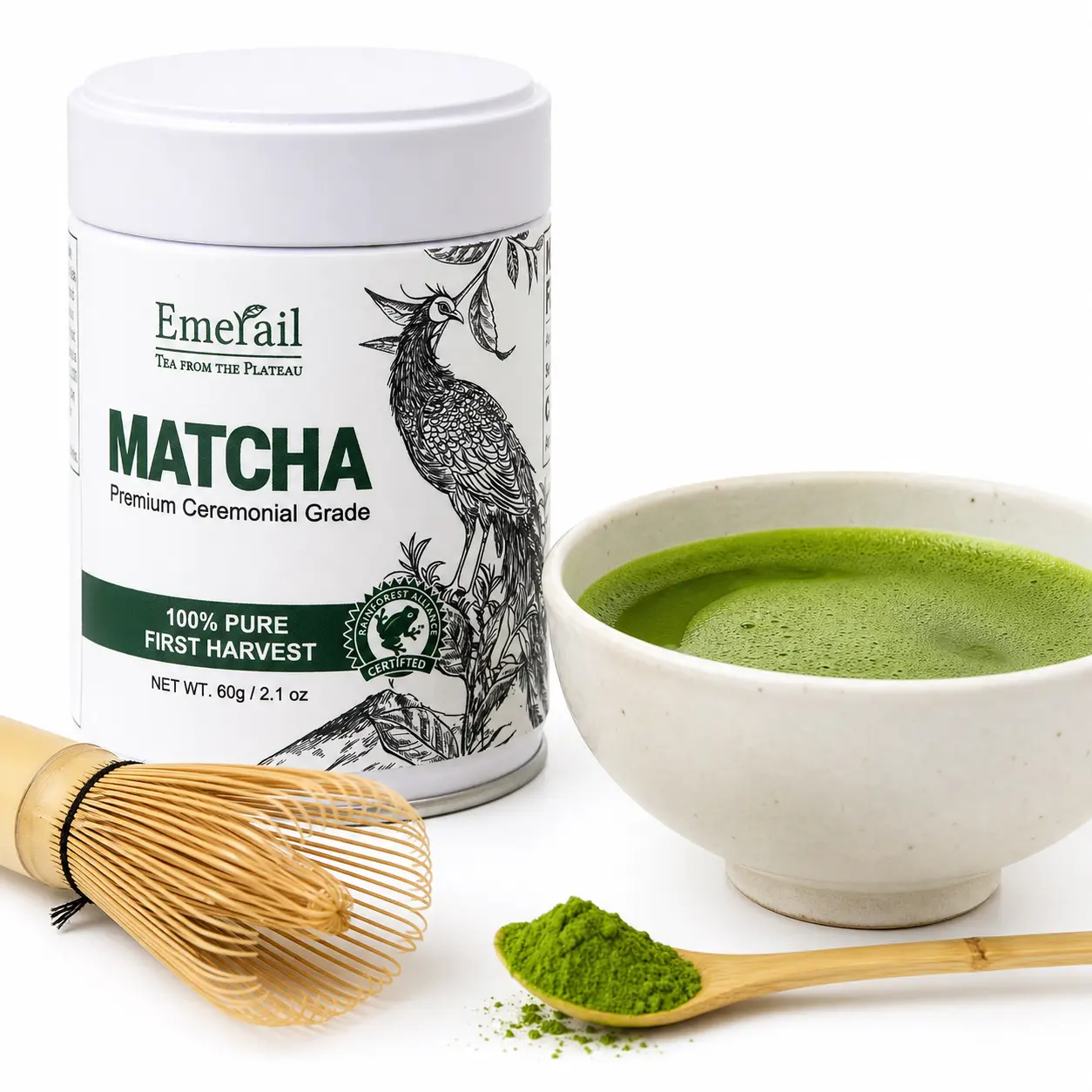 Emerail Ceremonial Grade Matcha Green Tea Powder | 100% Pure First Harvest | Unsweetened Coffee Alternative for Smooth Energy & Focus | No Jitters or Crash | Rich in L-Theanine & Antioxidants for Iced Lattes | SGS Certified Clean, 60g
