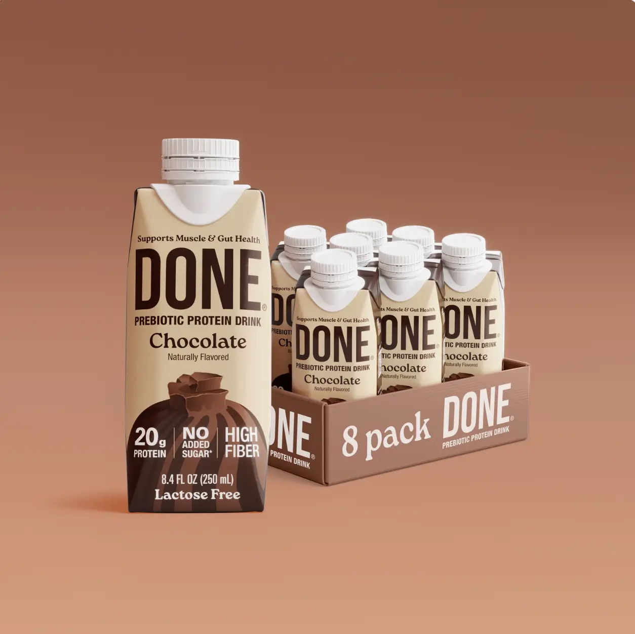 DONE Prebiotic Protein Drink - 8 PACK ( 8 BOTTLES) 20g Protein, 6g Fiber, No Added Sugar, Gluten-Free, Lactose-Free, Supports Muscle & Gut Health, Chocolate, Strawberry, Salted Caramel