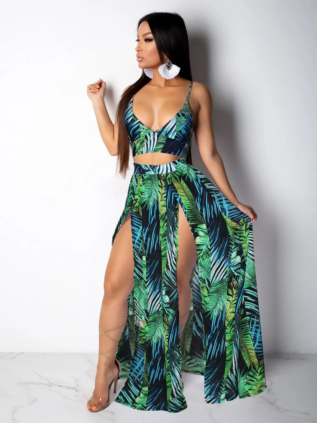 Women's Leaf Print Crop Cami Top & Split Hem Skirt Two-Piece Set, Bohemian Casual Outfit for Beach Holiday Vacation, Ladies Summer Clothes