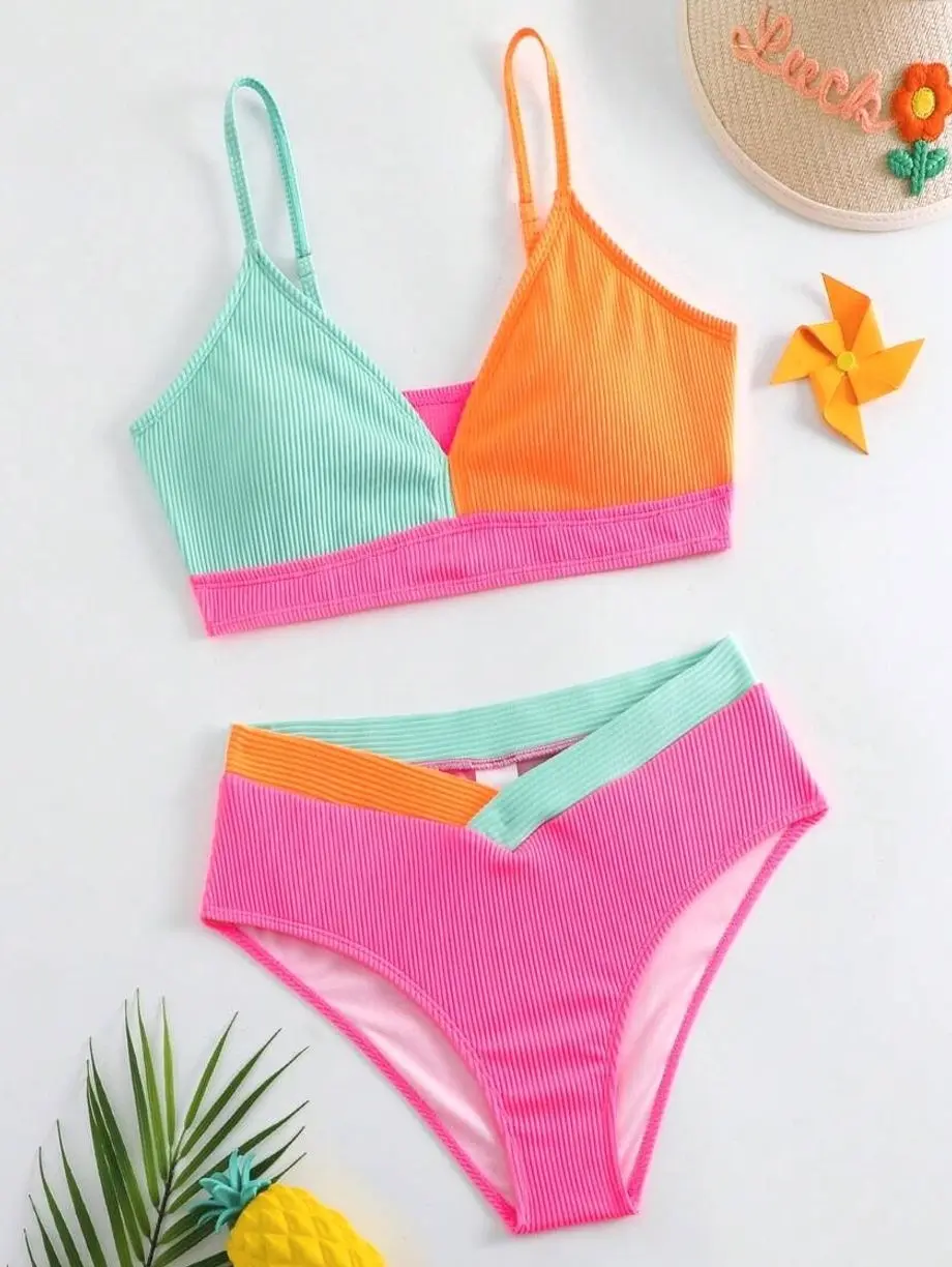 Teen Girls 2pc Multicolor Splicing Bikini Set - Summer Beach Swimwear