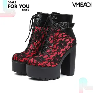 Womens Ankle Boots Round Toe Chunky Block High Heel Lace Up Side Zipper Buckle Victorian Punk Rave Goth Shoes Fashion Date Party Wedding Concert Event Outdoor Comfortable Trendy Combat Platform Boot Deals For You Days