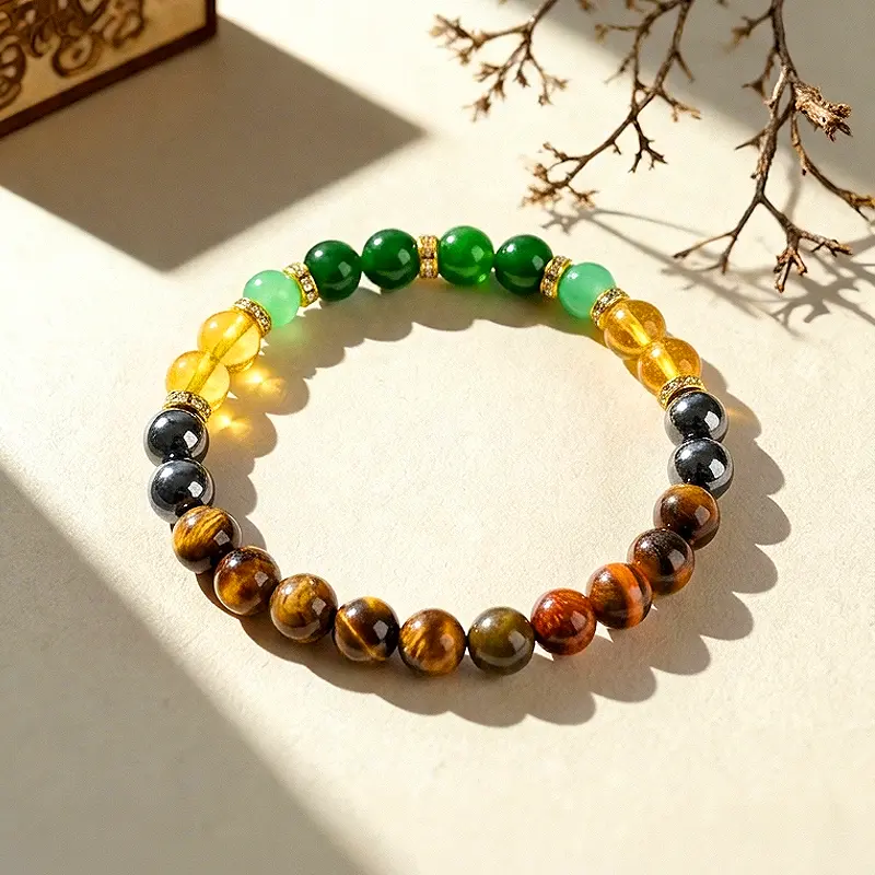 Green Aventurine & Tiger's Eye Healing Crystal Bracelet, Adjustable Beaded Bracelets for Money, Success & Friendship