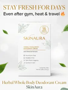 Whole Body Deodorant Cream – SkinAura – 24 Single Use Sachets, Up to 15 Days Odor Control, Aluminum-Free Herbal Formula, Natural Deodorant for Underarms & Intimate Areas
