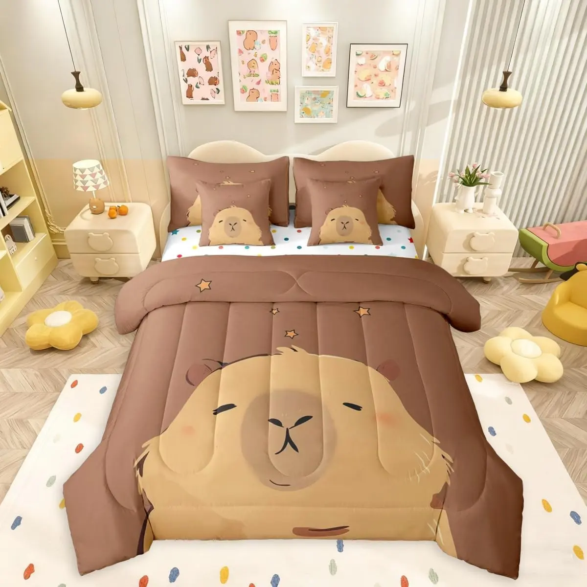 Cartoon Capybara 7 Piece Bedding Set,Zoo Animal Bed in a Bag,Farmhouse Rustic Bed Set Includes Comforter,Sheet Set,Pillowcases & Pillow Covers All Season Bedroom Decor