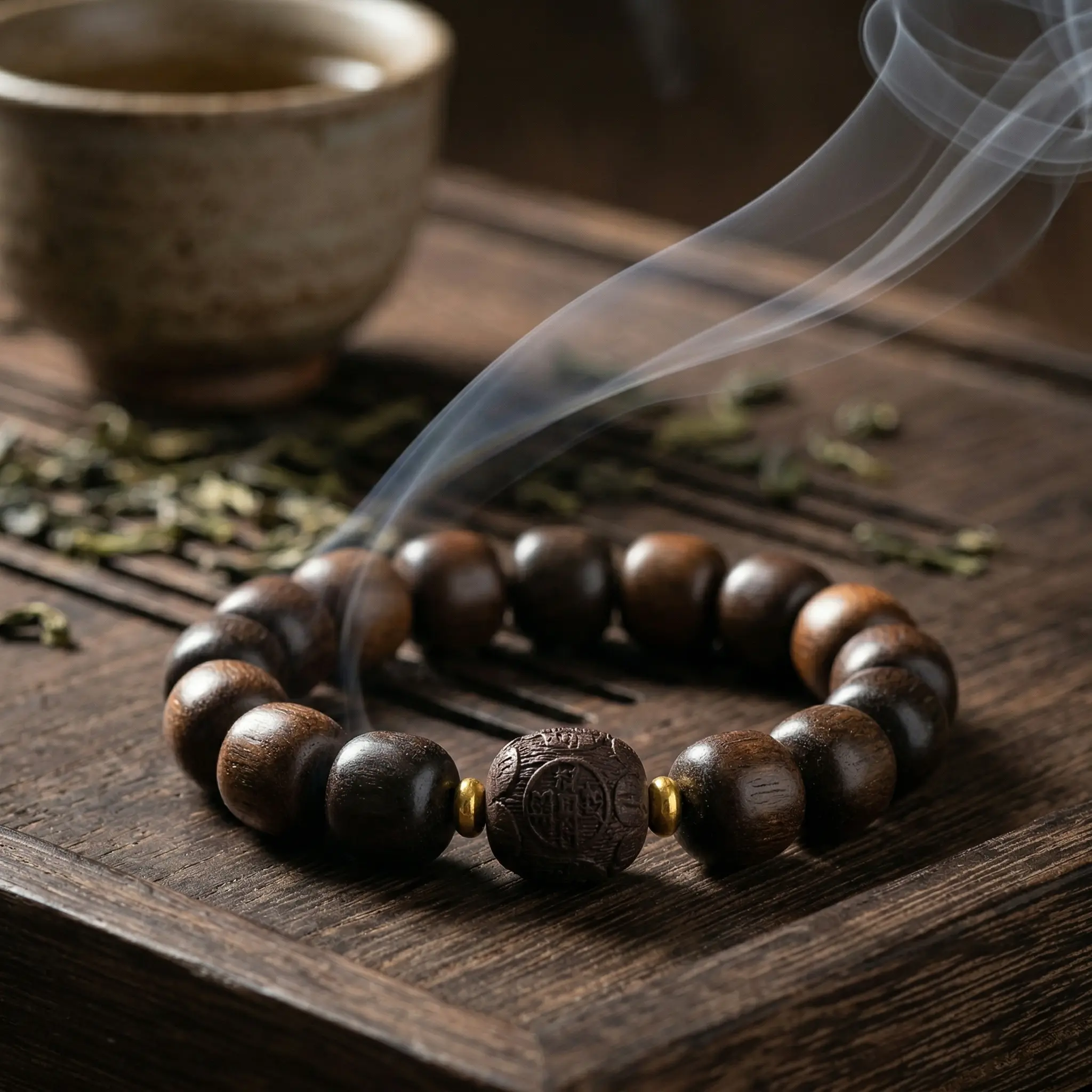 OrientalMind Dark Wood Barrel Beads Bangle - Unisex 7-13mm Ethnic Look Buddhism Religion Jewelry, Plant Motif Cultural Wealth Symbol Daily Wear Accessory