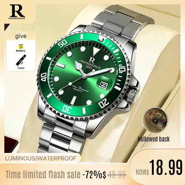 ONTHEEDGE Men's luxury dress Watch | Green Dial Analog Quartz Watch | Waterproof fashion Business Wristwatch |Stainless Steel Band | Classic Style Premium Design,gift for him, Luminous Big Face Boss Wrist Watch