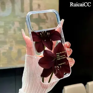 Magnetic Phone Case for iPhone 17 16 Pro Max Plus 15 14 13 12 11 Air Rich Burgundy Lily Pattern Anti-Yellowing Shockproof ultra-thin Silicone Crystal Transparent Acrylic Large Hole Cover Supports Wireless Charging, Aesthetic, Accessories